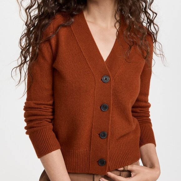 Vince Textured Cashmere Shrunken Button Cardigan In Rust Amber - M - Picture 2 of 11